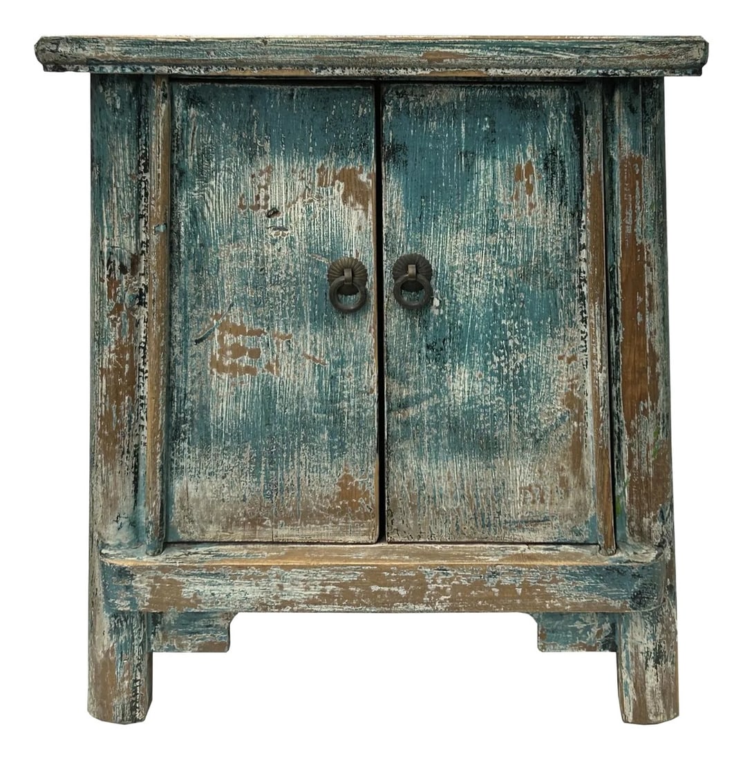16.25" Distressed Teal Blue 2 Doors End Table Nightstand Chest: This small size Chinese cabinet is a charming addition to any space, showcasing the beauty of distressed wood and traditional craftsmanship. The cabinet features a captivating two-toned finish with a