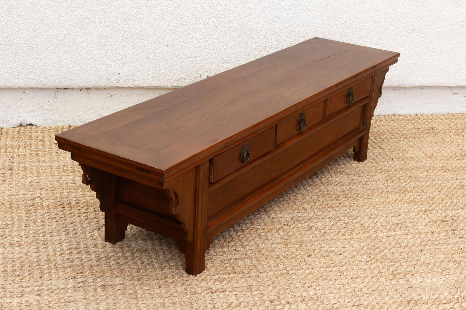 Antique Elm Low Kang Table With 3 Drawers - 11