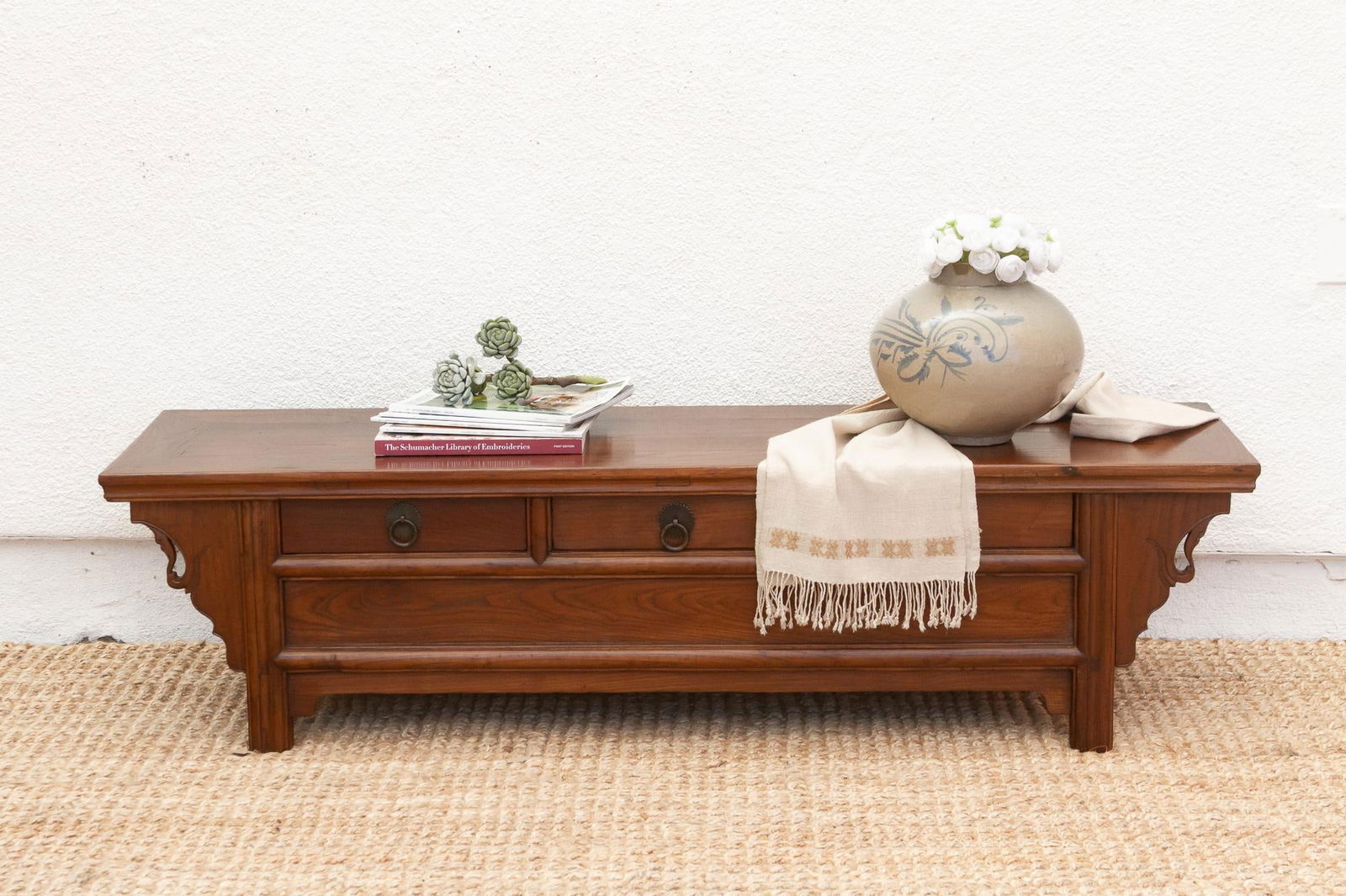 Antique Elm Low Kang Table With 3 Drawers - 2