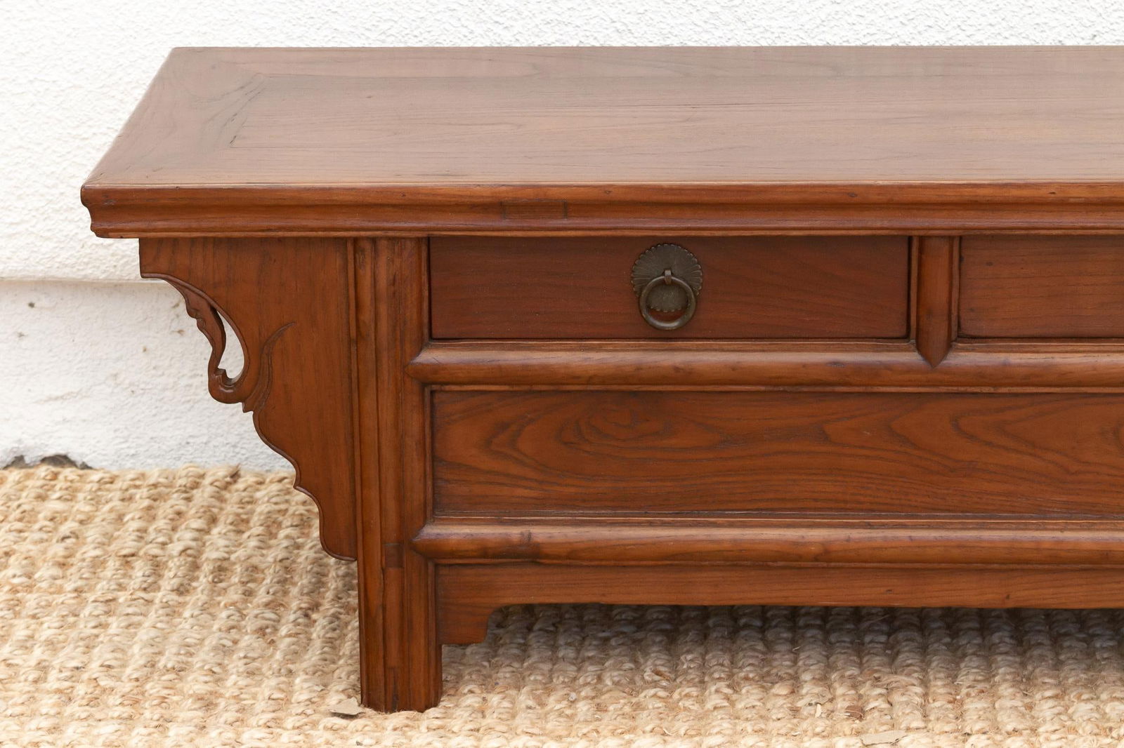 Antique Elm Low Kang Table With 3 Drawers - 4