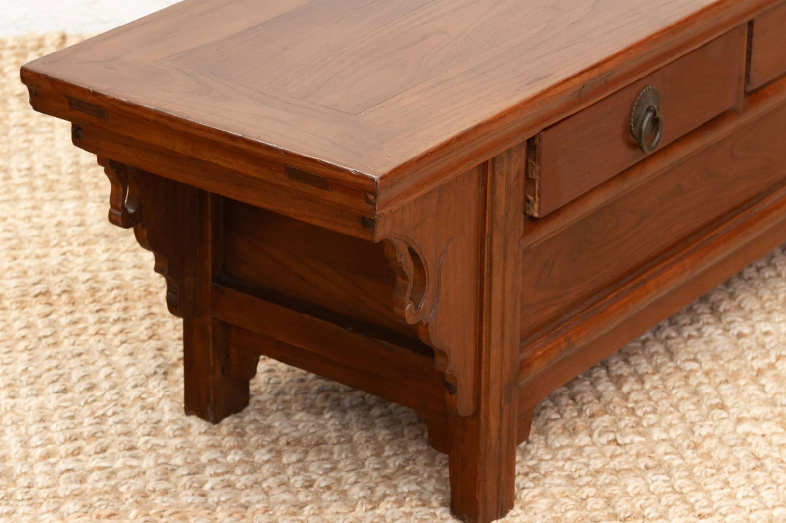 Antique Elm Low Kang Table With 3 Drawers - 9