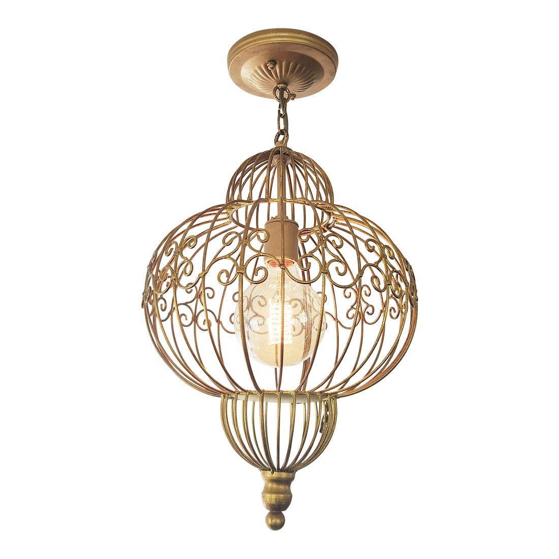 Vintage Bird Cage Light Fixture Ceiling Pendant: Charming vintage decorative birdcage transformed into a unique ceiling light fixture. Making it a one of a kind. Finished in a gold tone and paired with a large Edison bulb, it brings a touch of