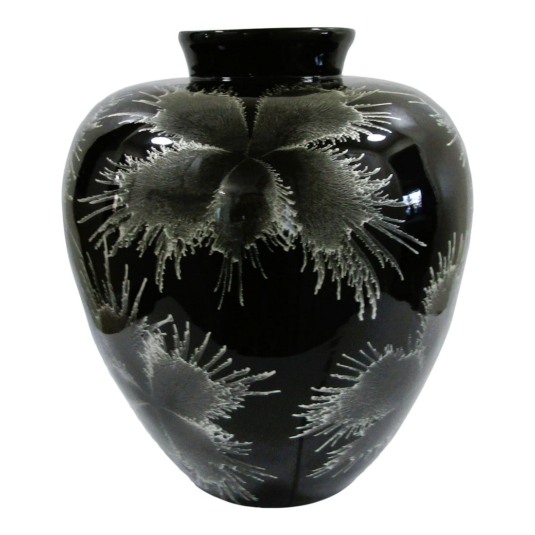 Vintage 1960s Large Black Lacquer Over Bamboo Urn Vase With Silver Floral Design: Crafted with an eye for elegance, this Vintage 1960s large vase combines the natural charm of bamboo with the sophistication of black lacquer. The vase showcases a stunning silver floral design that