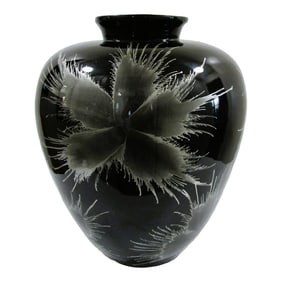1960s Vintage Large Black Lacquer Over Bamboo Urn Vase With Silver Floral Design