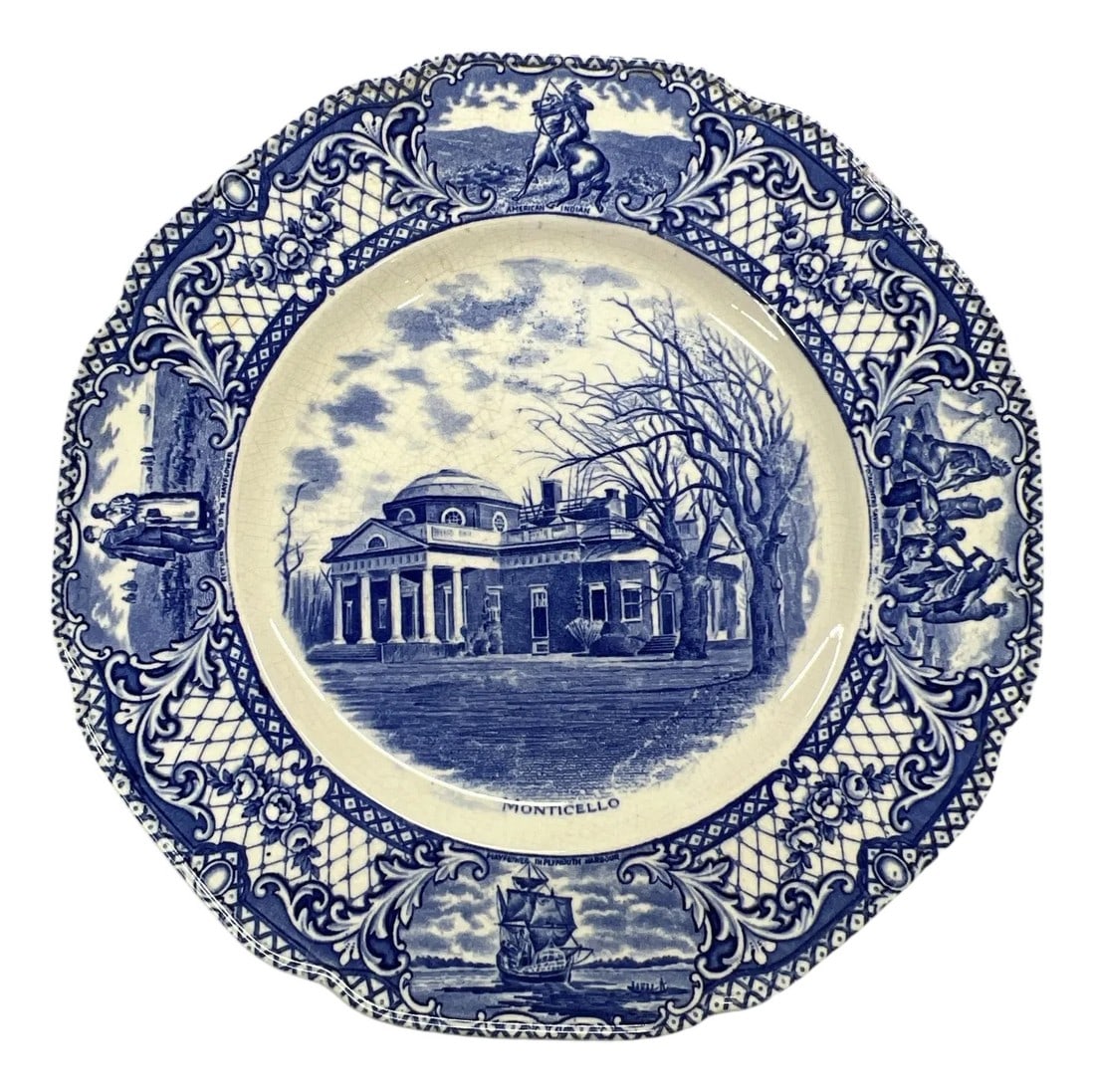 Rare Crown Ducal Blue and White Transferware Monticello Historical Plate, England: Rare Crown Ducal England dinner plate, blue and white, featuring Monticello. Has crazing appropriate for age. No cracks or chips. Measures 10.75". Condition: Alterations: Original Condition