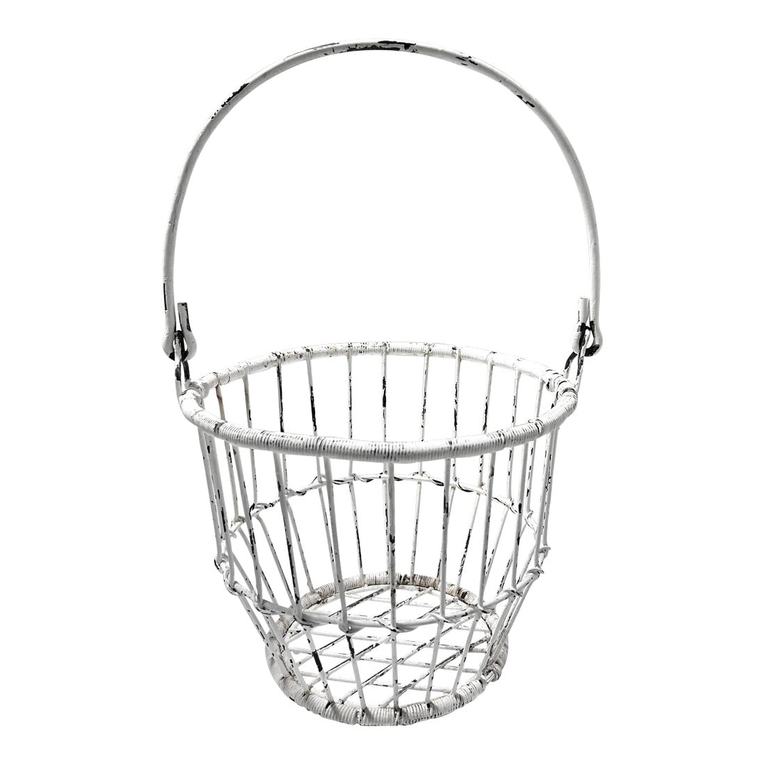 Antique Metal Wire Egg Gathering Basket: A wonderful old basket with many uses. It was painted white many years ago and now has a lovely worn patina. Dimensions 8" tall (basket only) 16" tall (including handle) 10" wide/deep Condition: