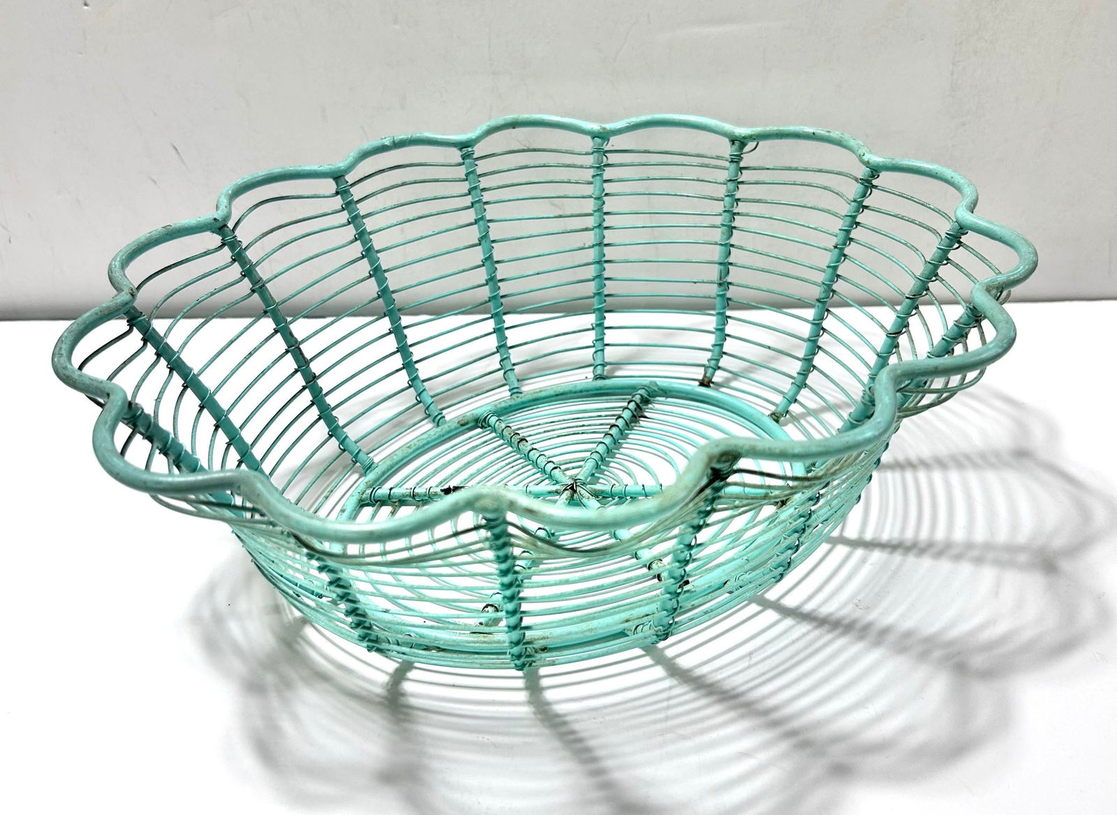 Vintage Turquoise Metal Egg Gathering Basket Fruit Basket - 2