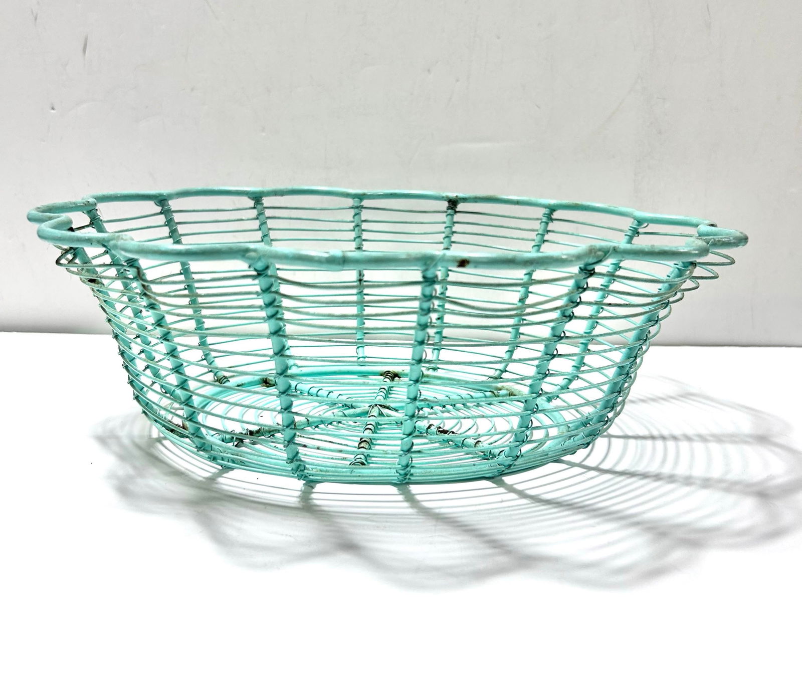 Vintage Turquoise Metal Egg Gathering Basket Fruit Basket - 3