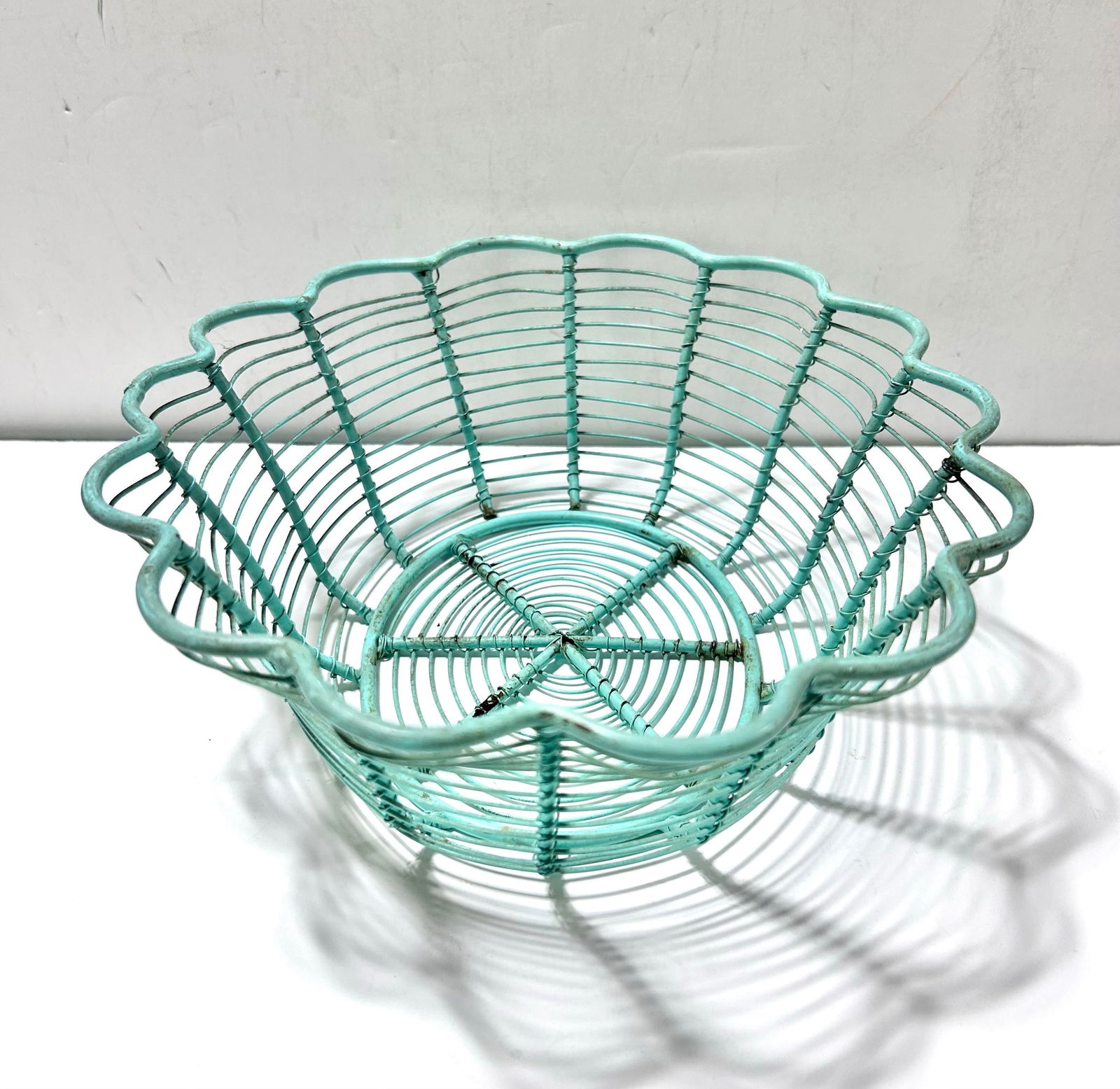 Vintage Turquoise Metal Egg Gathering Basket Fruit Basket - 4