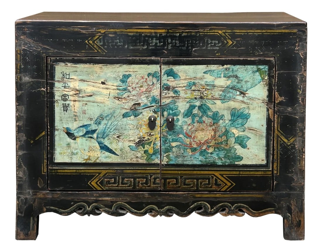 Vintage Chinese Light Blue Flower Birds Credenza Sideboard Table Cabinet: This captivating vintage cabinet exudes an authentic Asian charm, likely originating from China , and serves as a unique statement piece for discerning interiors. The double doors are adorned with a