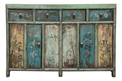 Vintage Chinese Turquoise Blue Flowers Credenza Sideboard Table Cabinet
