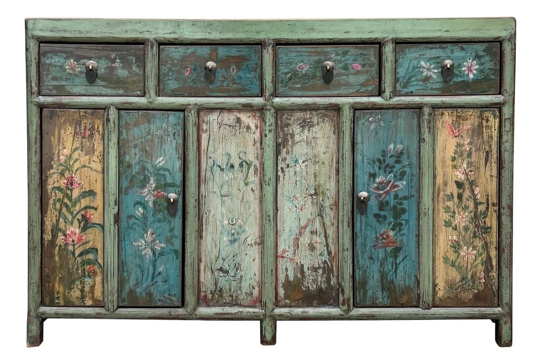 Vintage Chinese Turquoise Blue Flowers Credenza Sideboard Table Cabinet: This captivating Distressed Summertown Light Green Graphic Sideboard TV Console Cabinet offers a unique blend of vintage charm and practical functionality. The light green finish, artfully