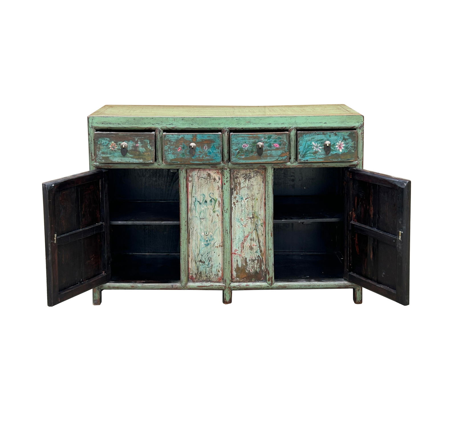 Vintage Chinese Turquoise Blue Flowers Credenza Sideboard Table Cabinet - 2