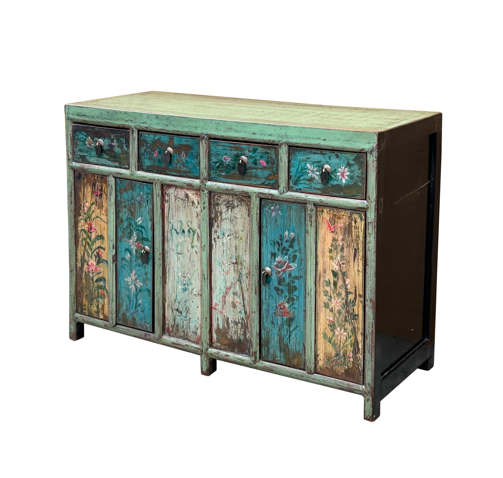 Vintage Chinese Turquoise Blue Flowers Credenza Sideboard Table Cabinet - 4