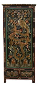 Tibetan Style Golden Dragon Graphic Tall Slim Narrow Storage Cabinet