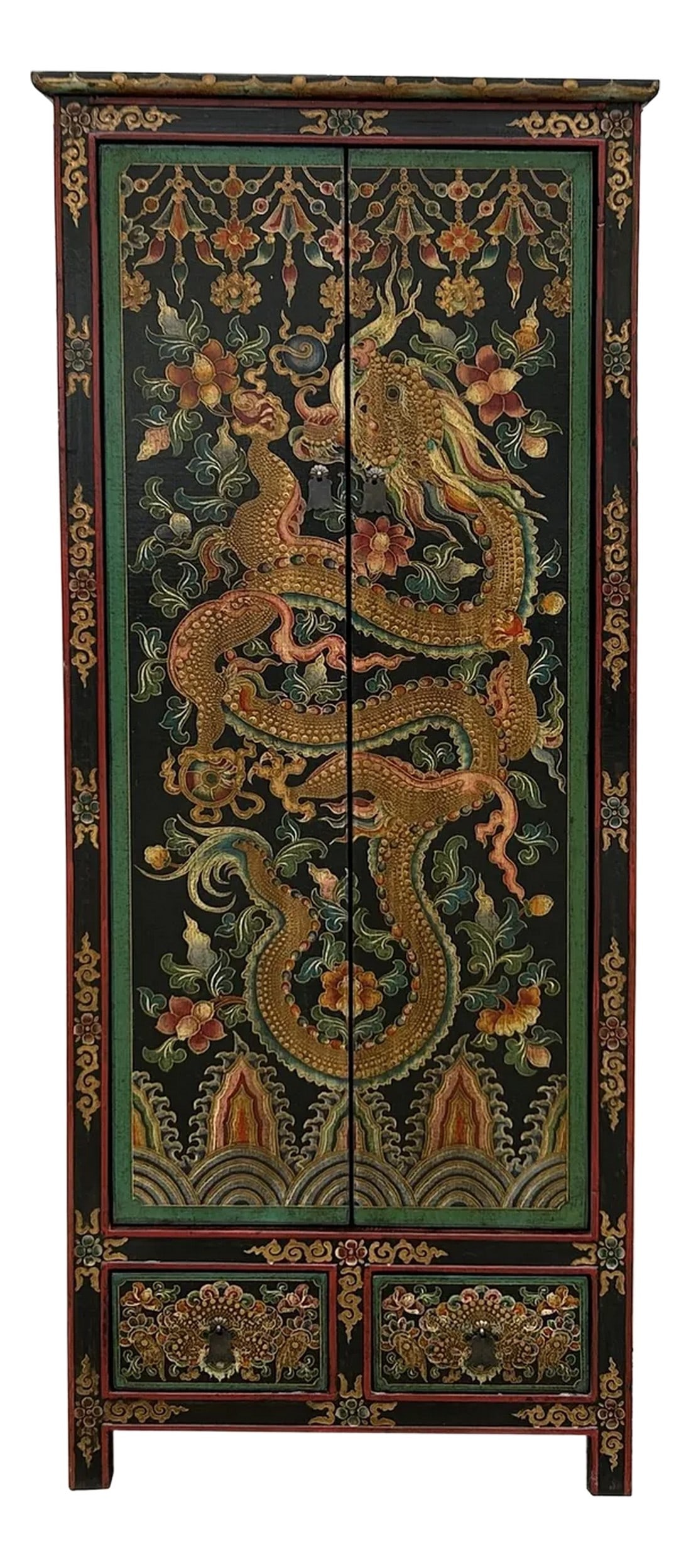 Tibetan Style Golden Dragon Graphic Tall Slim Narrow Storage Cabinet: This striking tall cabinet showcases exquisite Tibetan artistry, likely a vintage or antique piece that serves as a captivating focal point. The double doors are adorned with a dramatic, hand-painted