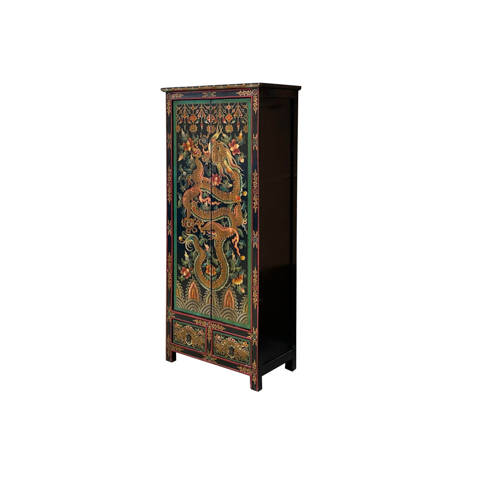 Tibetan Style Golden Dragon Graphic Tall Slim Narrow Storage Cabinet - 3