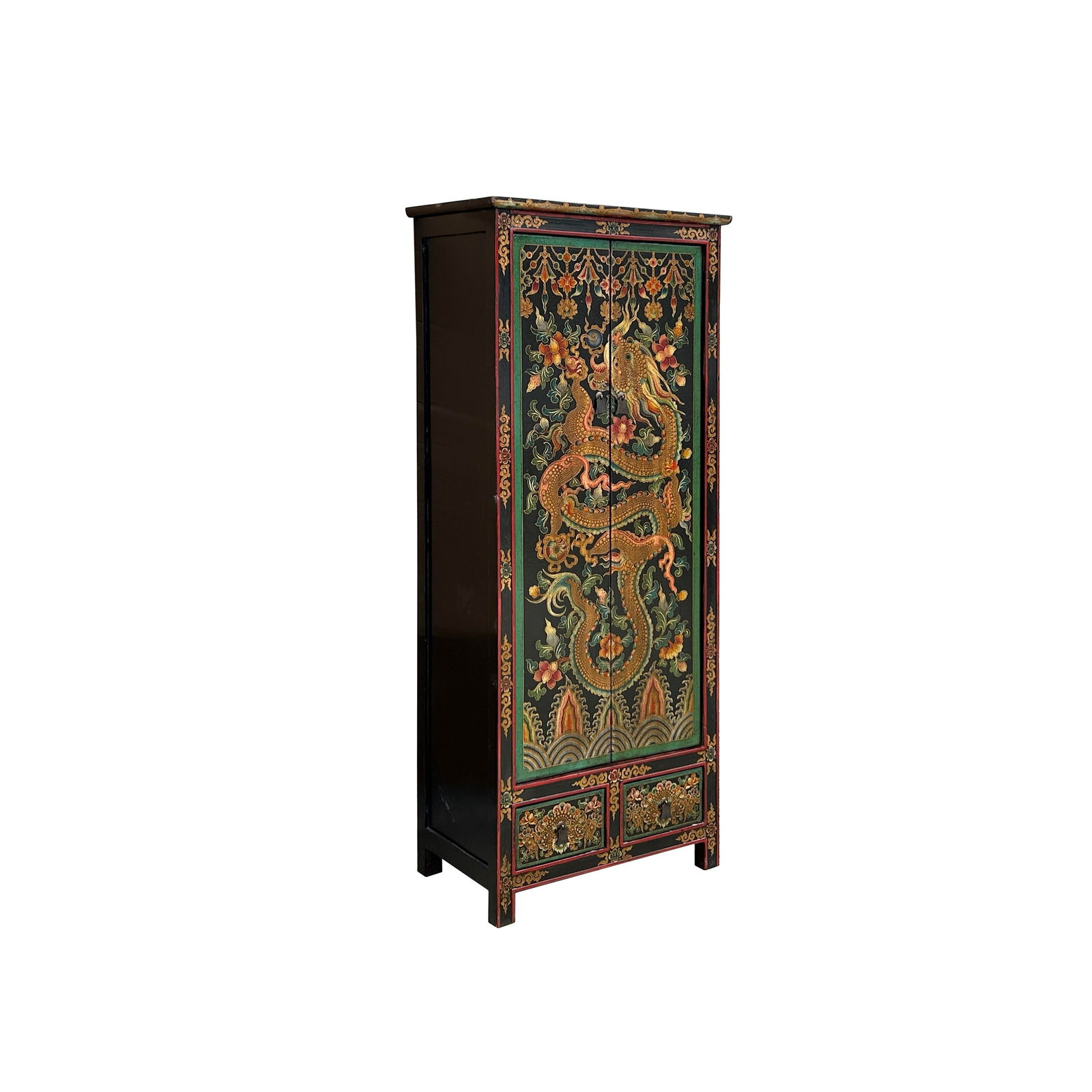 Tibetan Style Golden Dragon Graphic Tall Slim Narrow Storage Cabinet - 4