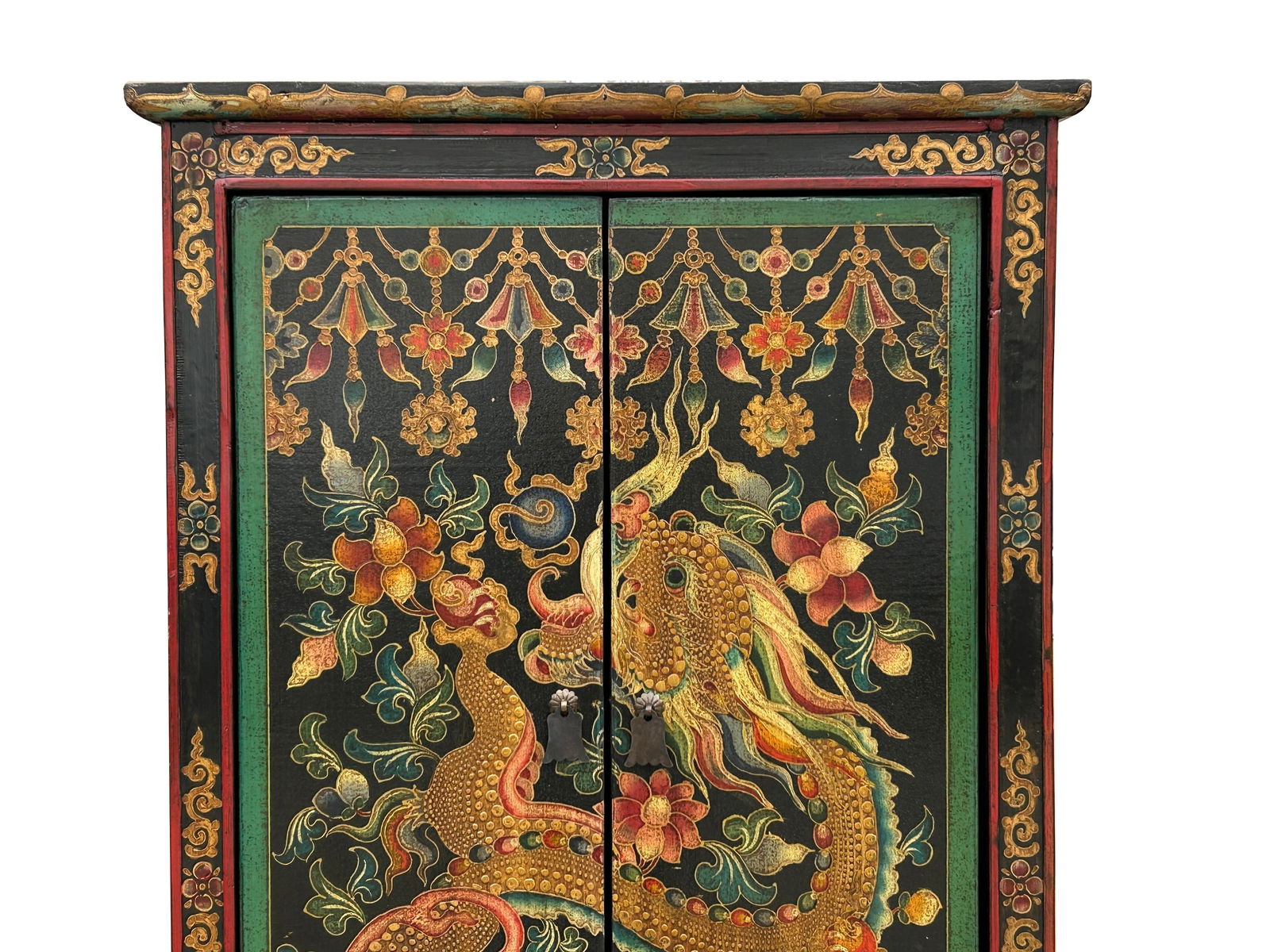 Tibetan Style Golden Dragon Graphic Tall Slim Narrow Storage Cabinet - 5