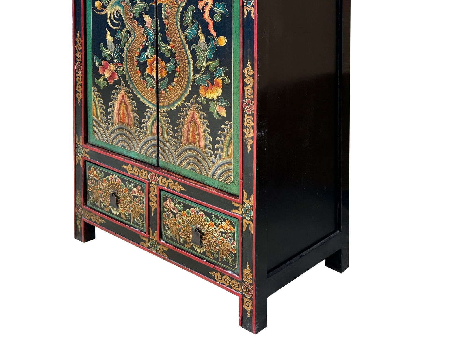 Tibetan Style Golden Dragon Graphic Tall Slim Narrow Storage Cabinet - 6