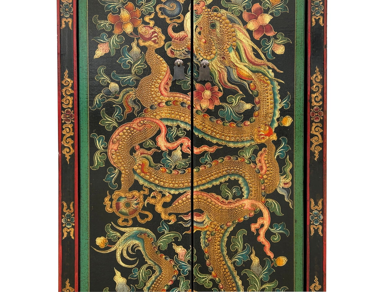 Tibetan Style Golden Dragon Graphic Tall Slim Narrow Storage Cabinet - 7