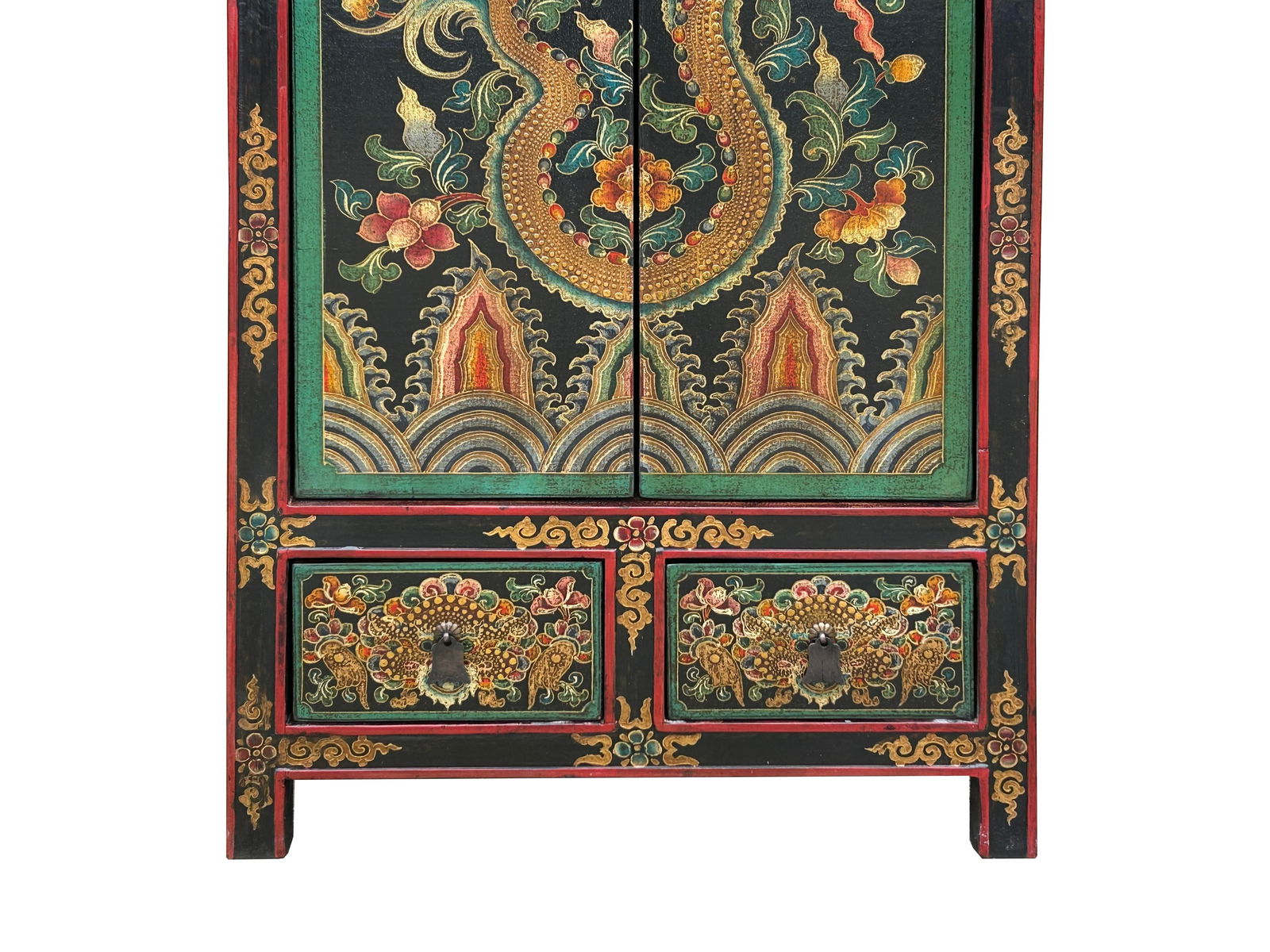Tibetan Style Golden Dragon Graphic Tall Slim Narrow Storage Cabinet - 8