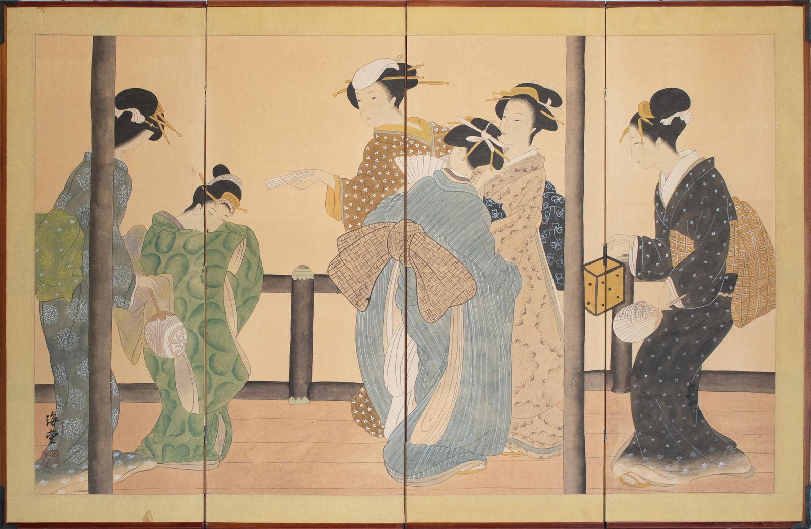 1960s ShÅwa Era Japanese Ukiyo-E Style Byobu Screen "Young Beauties" - 12