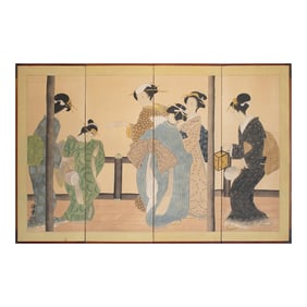1960s ShÅwa Era Japanese Ukiyo-E Style Byobu Screen "Young Beauties"