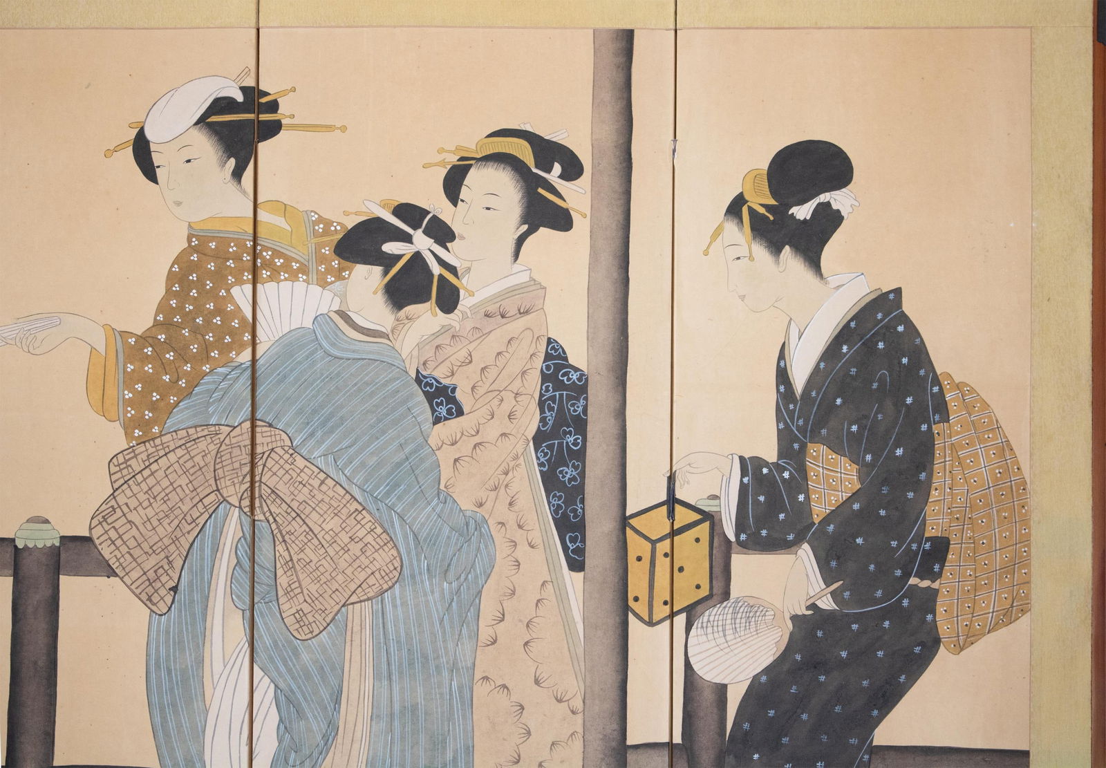 1960s ShÅwa Era Japanese Ukiyo-E Style Byobu Screen "Young Beauties" - 2