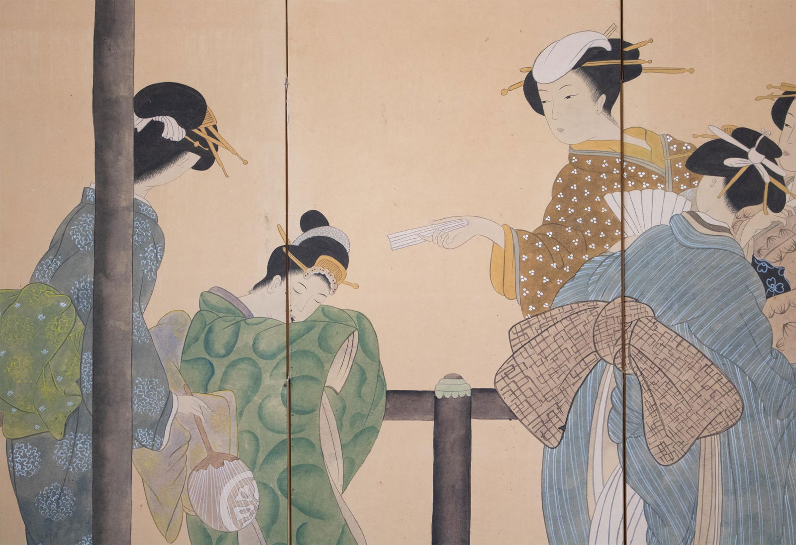 1960s ShÅwa Era Japanese Ukiyo-E Style Byobu Screen "Young Beauties" - 5
