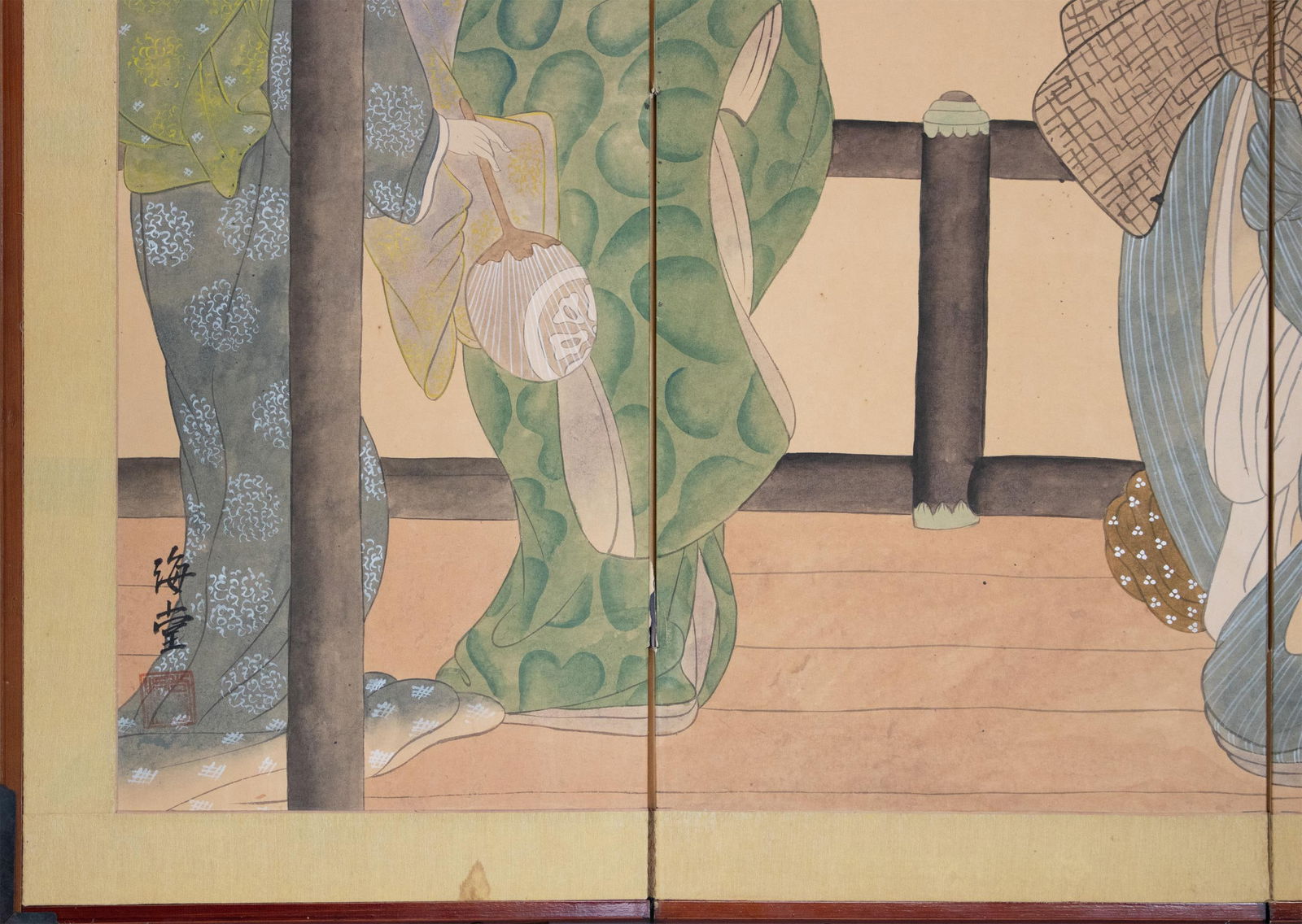 1960s ShÅwa Era Japanese Ukiyo-E Style Byobu Screen "Young Beauties" - 6