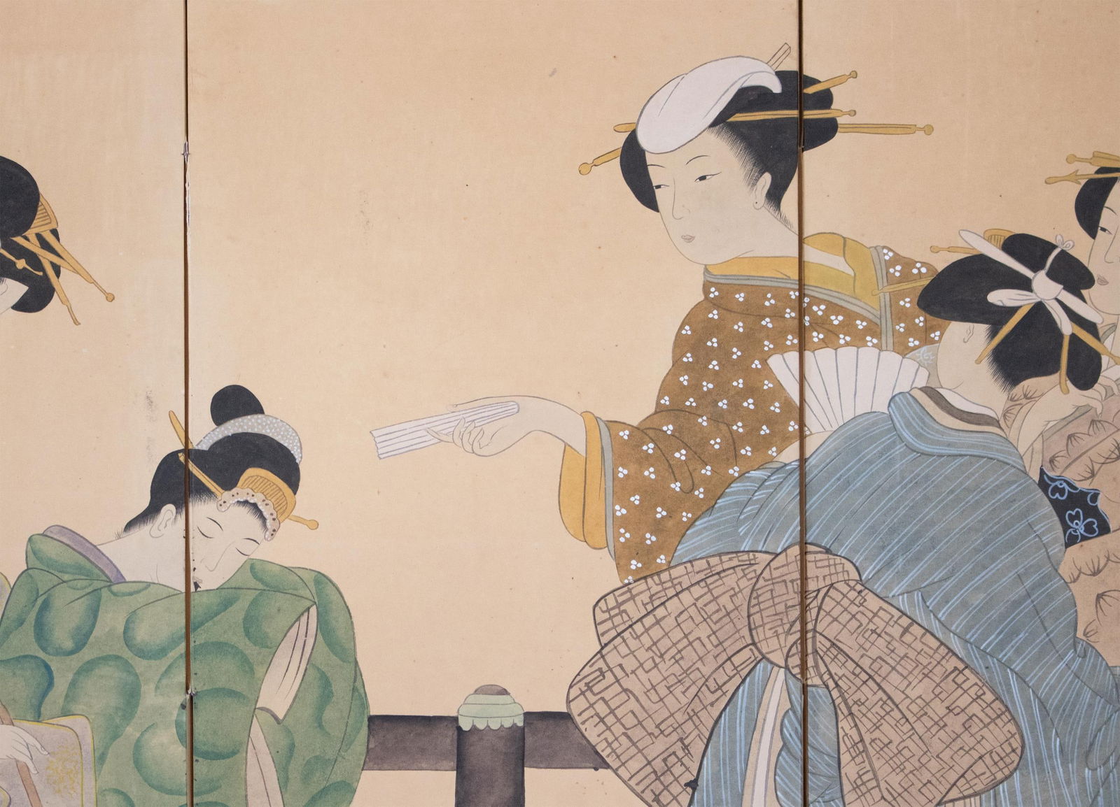1960s ShÅwa Era Japanese Ukiyo-E Style Byobu Screen "Young Beauties" - 7