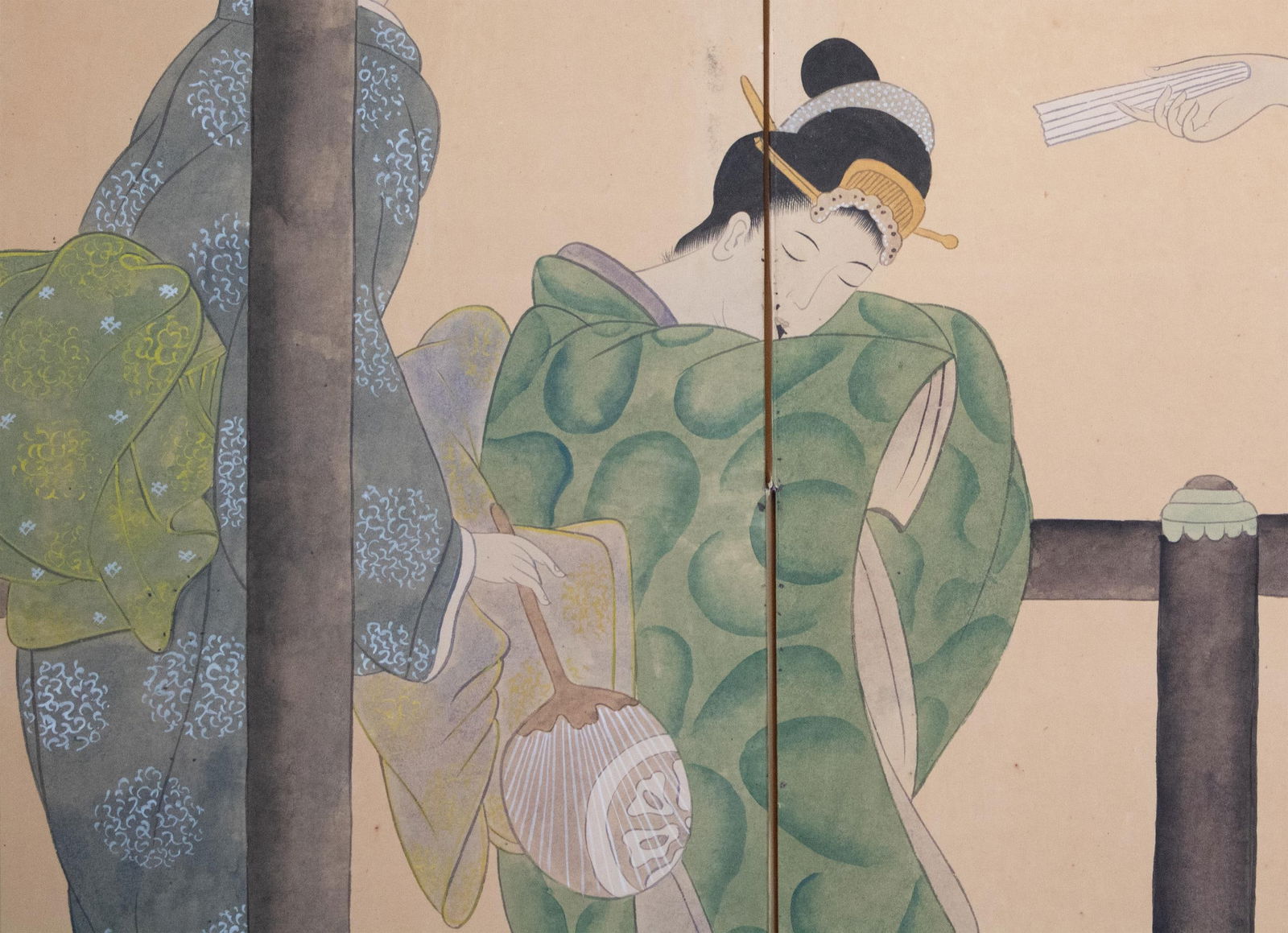 1960s ShÅwa Era Japanese Ukiyo-E Style Byobu Screen "Young Beauties" - 8