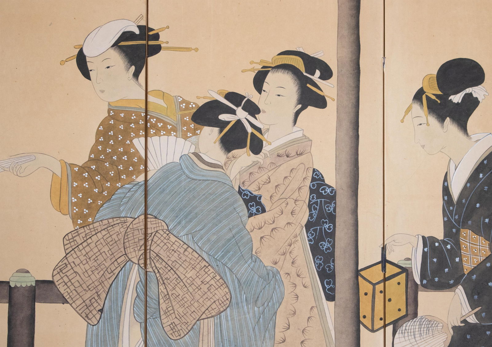 1960s ShÅwa Era Japanese Ukiyo-E Style Byobu Screen "Young Beauties" - 9