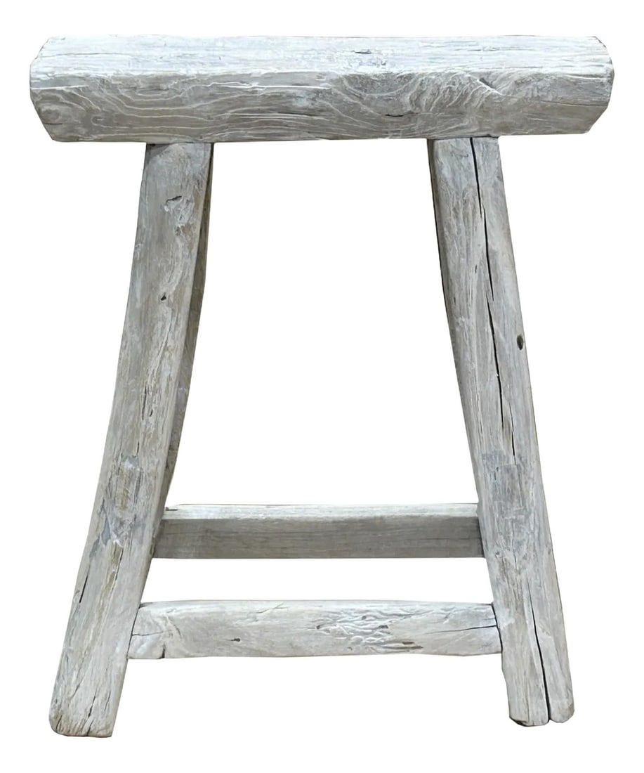Rustic Raw Rough Wood Grain Rectangle Slim Stool Bench Side Table: This is a rustic, handcrafted wooden stool featuring a simple yet sturdy design that exudes timeless charm. The stool has a slim narrow rectangle seat, showcasing the natural grain and weathered textu