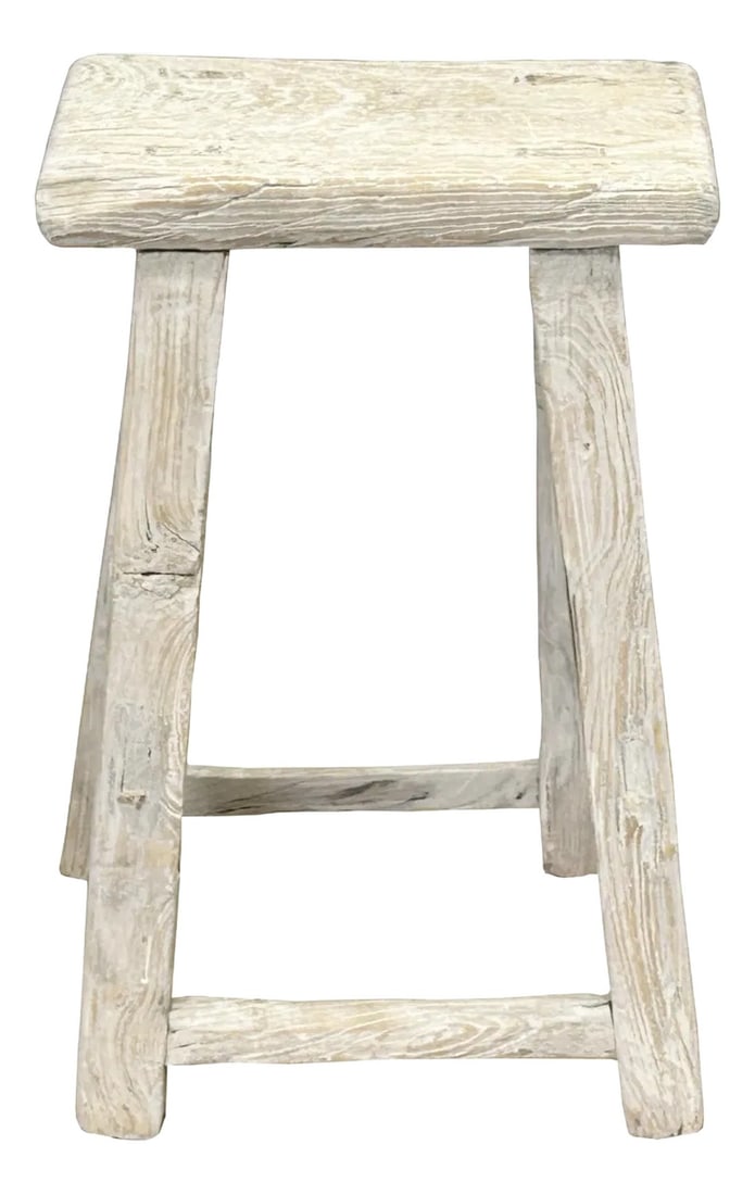 Rustic Raw Rough Wood Grain Rectangle Slim Stool Bench Side Table: This is a rustic, handcrafted wooden stool featuring a simple yet sturdy design that exudes timeless charm. The stool has a slim narrow rectangle seat, showcasing the natural grain and weathered textu