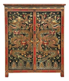 Tibetan Style Golden Double Dragons Graphic Credenza Storage Cabinet