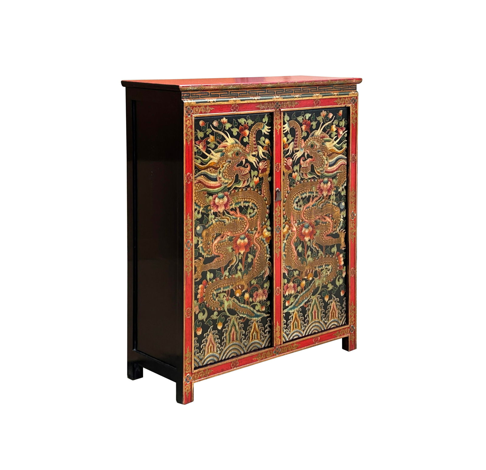 Tibetan Style Golden Double Dragons Graphic Credenza Storage Cabinet - 2