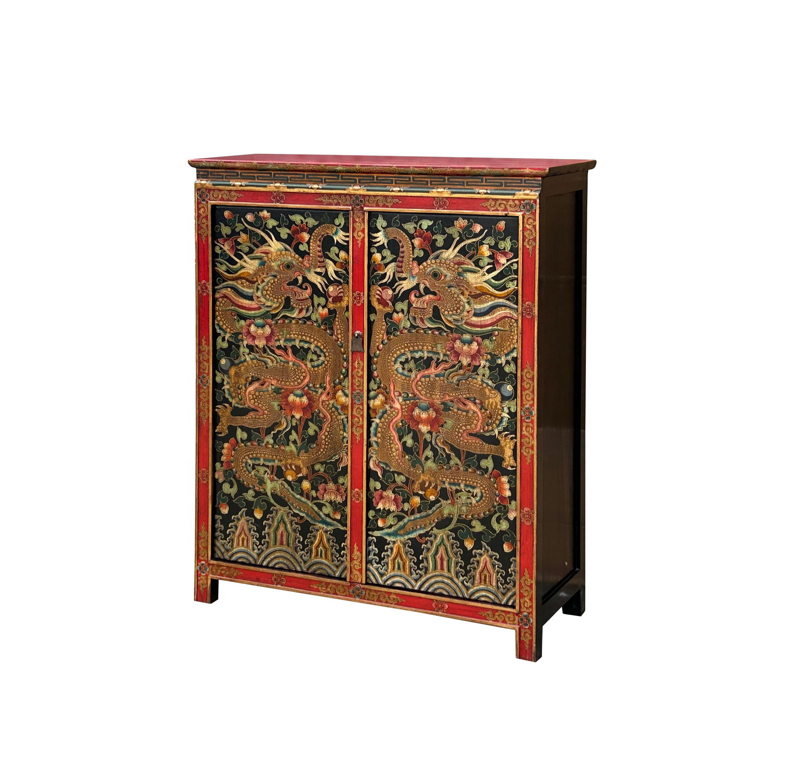 Tibetan Style Golden Double Dragons Graphic Credenza Storage Cabinet - 3