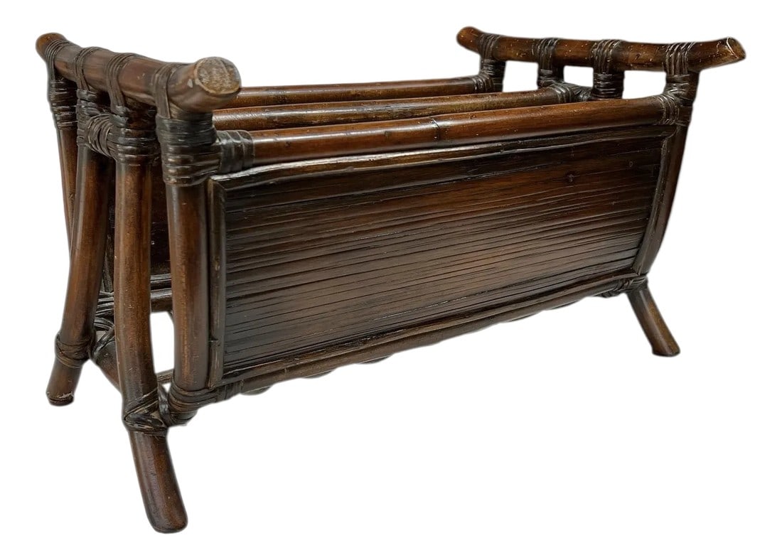 Rattan and Split Reed Magazine Rack: Offering this rattan snd split reed magazine rack with center divide. Condition: Alterations: Original Condition Unaltered Imperfections: Some Imperfections Condition Notes: Some scuffs from normal