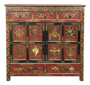 Tibetan Style 8 Auspicious Symbols Graphic Credenza Storage Cabinet