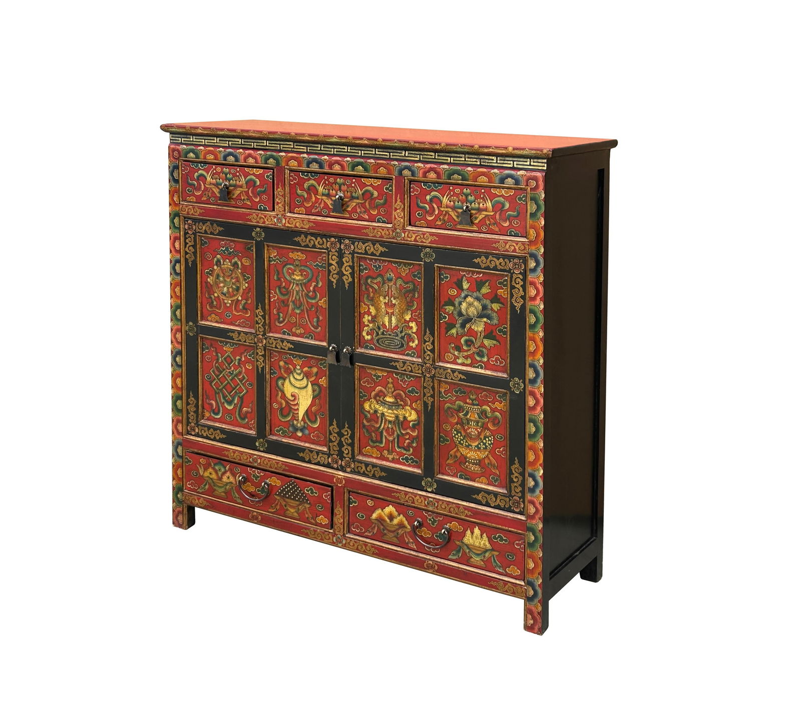 Tibetan Style 8 Auspicious Symbols Graphic Credenza Storage Cabinet - 2