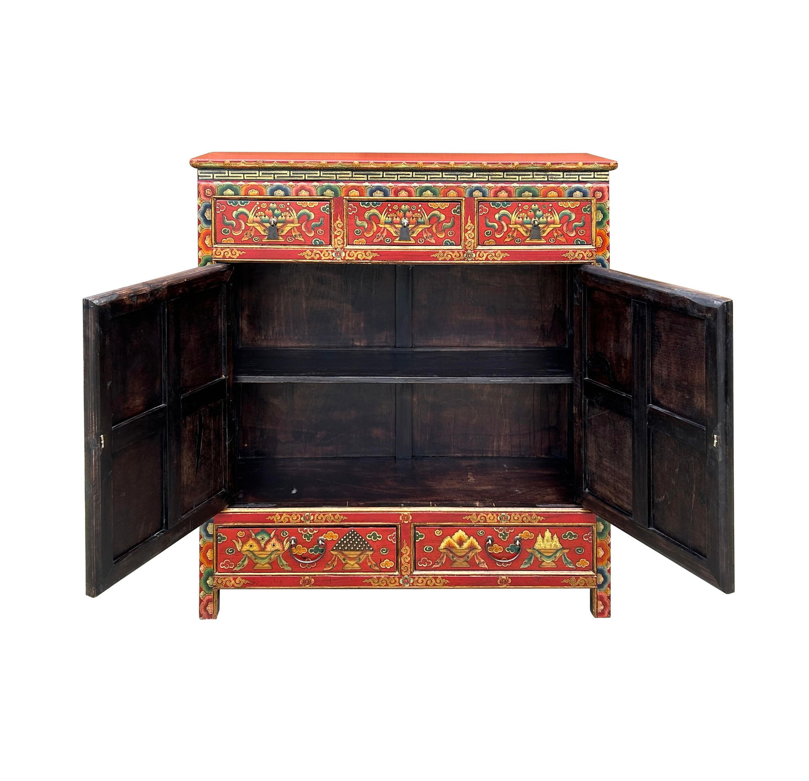Tibetan Style 8 Auspicious Symbols Graphic Credenza Storage Cabinet - 3