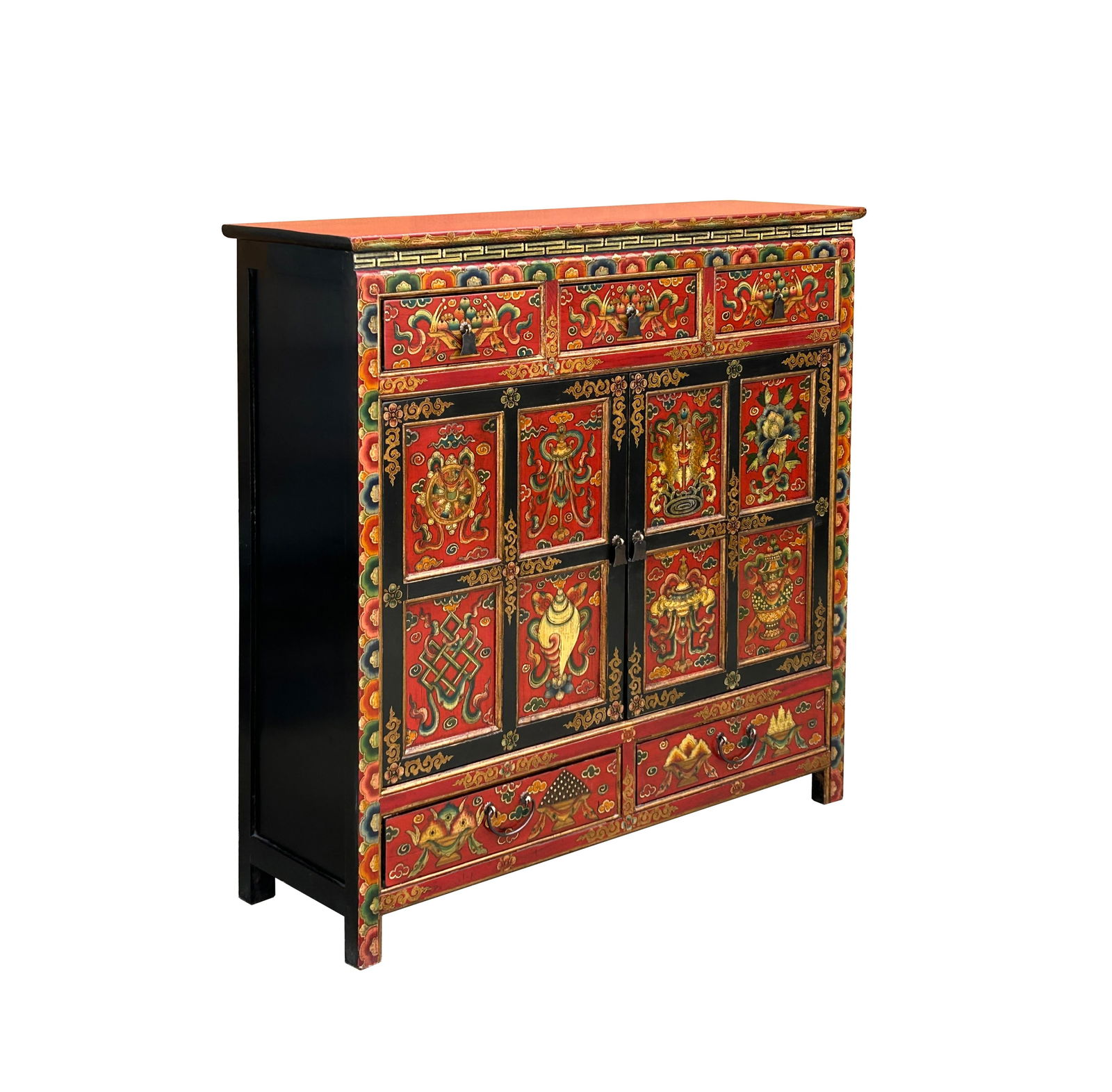 Tibetan Style 8 Auspicious Symbols Graphic Credenza Storage Cabinet - 4