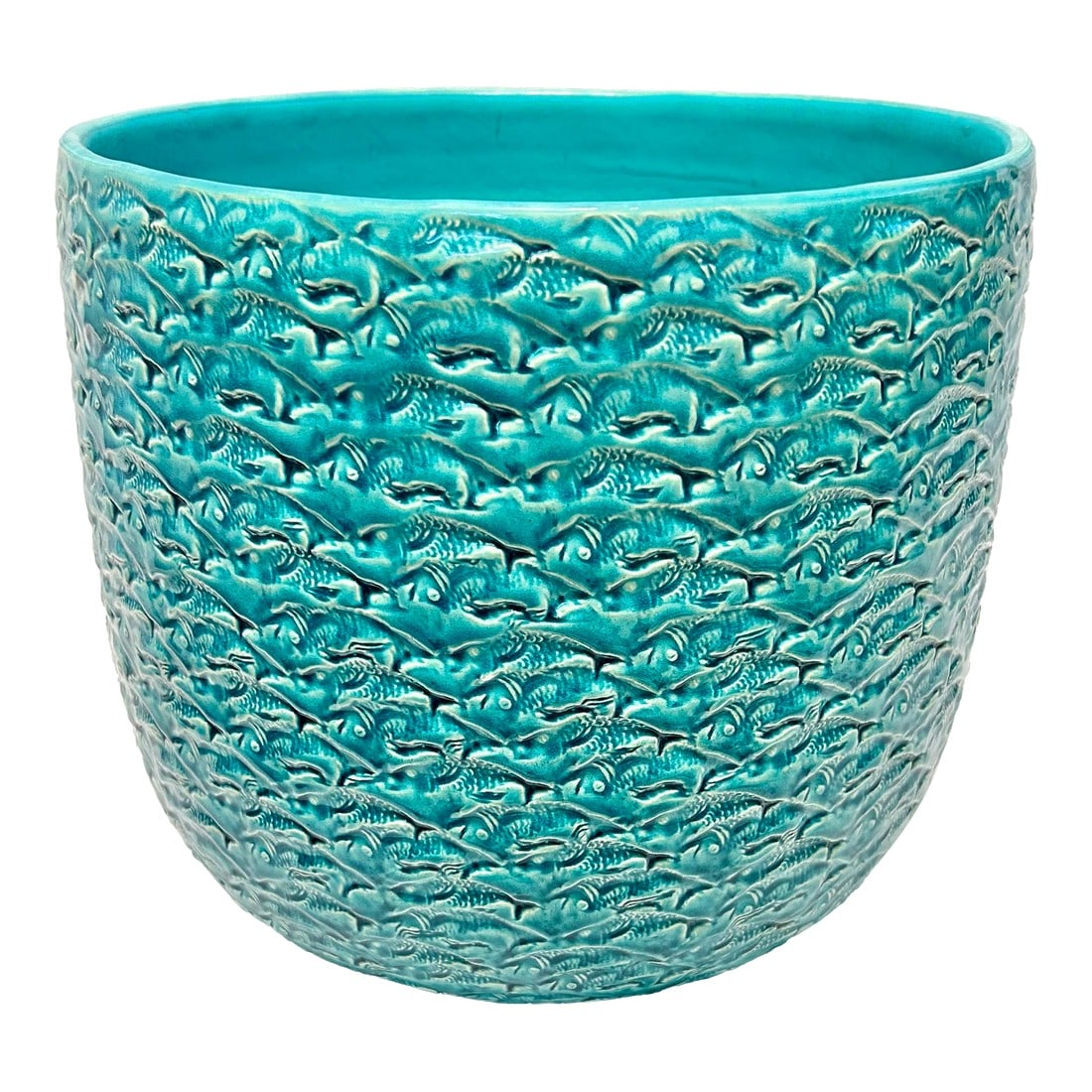 Vintage Large Textured Turquoise Planter: Made by Ceramicosta in Portugal, I believe in the 1980s, this large cachepot is bound to make a statement. It's the right size for a large plant or tree. It has a wonderful textured surface that puts