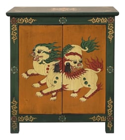 Tibetan Oriental Green Orange Foo Dogs Lions End Table Nightstand