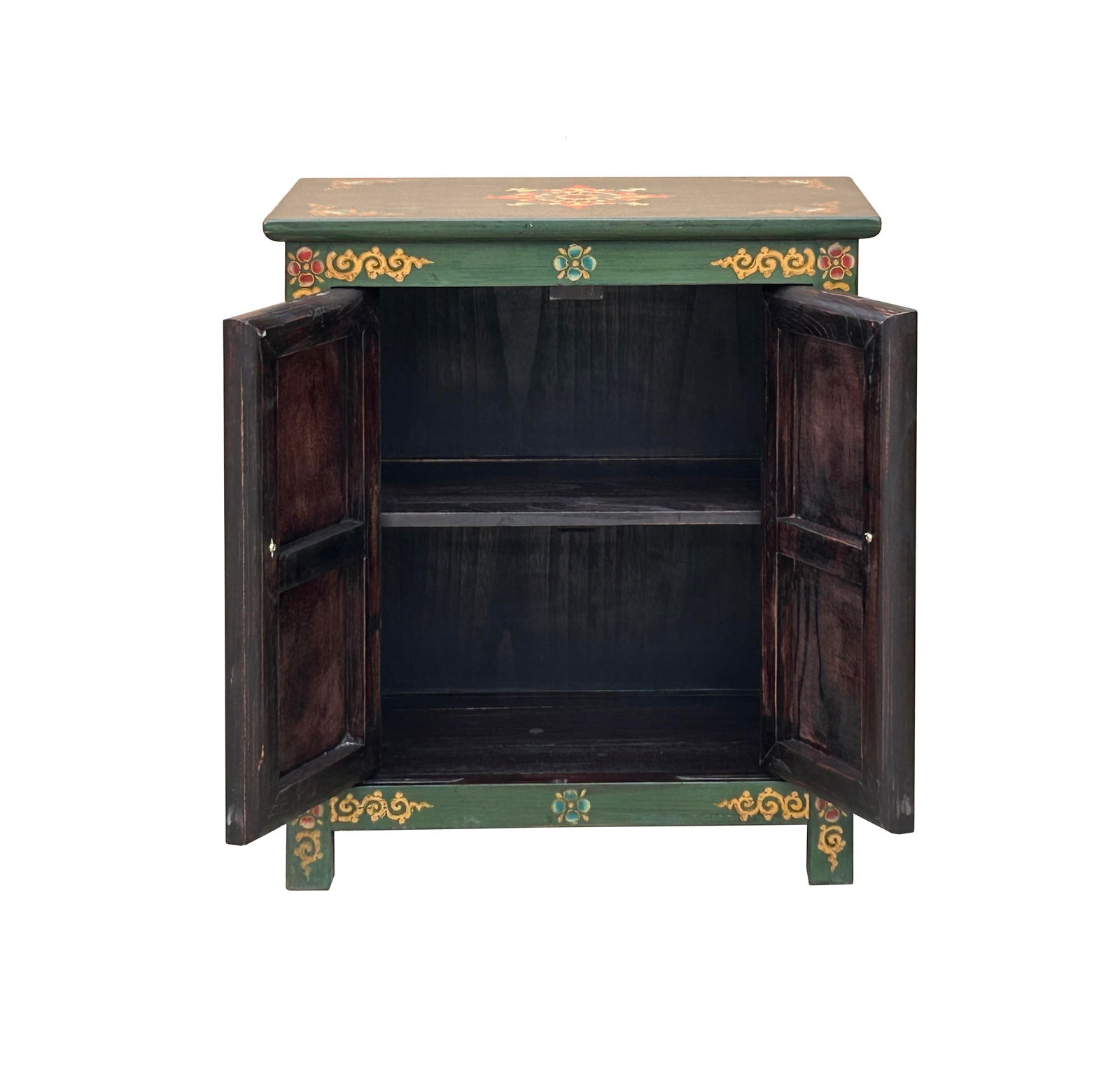 Tibetan Oriental Green Orange Foo Dogs Lions End Table Nightstand - 2