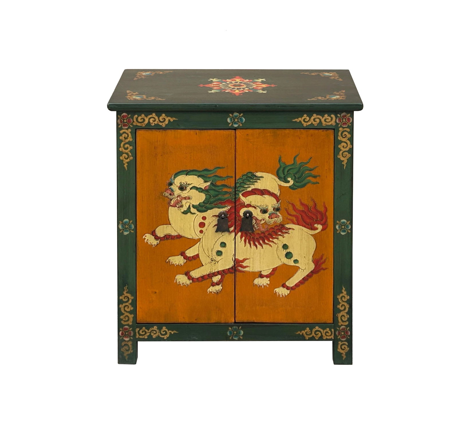 Tibetan Oriental Green Orange Foo Dogs Lions End Table Nightstand - 3