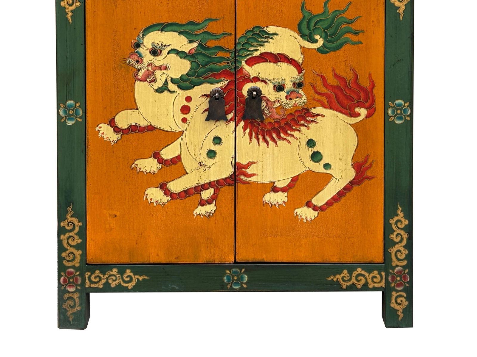 Tibetan Oriental Green Orange Foo Dogs Lions End Table Nightstand - 4