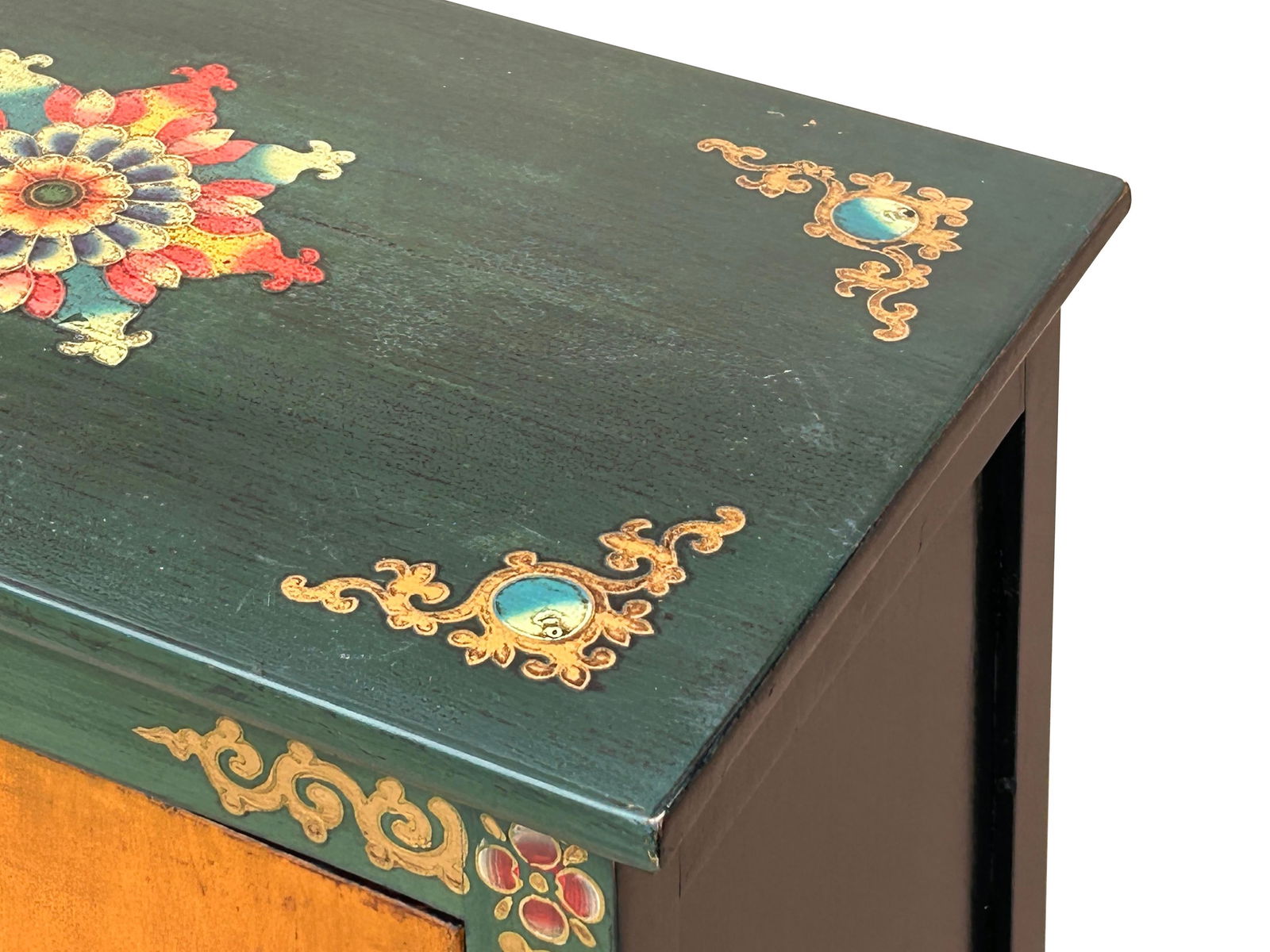 Tibetan Oriental Green Orange Foo Dogs Lions End Table Nightstand - 7